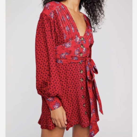 Free People Dresses & Skirts - Free People "NEW" Red Wonderland Floral Print Boho Romantic Mini Dress Size XS